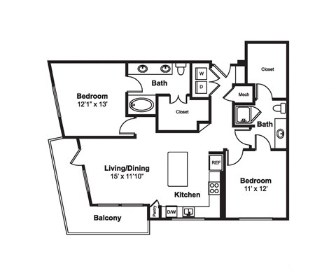 Floor plan for 2 beds, 2 baths, 1113 sqft